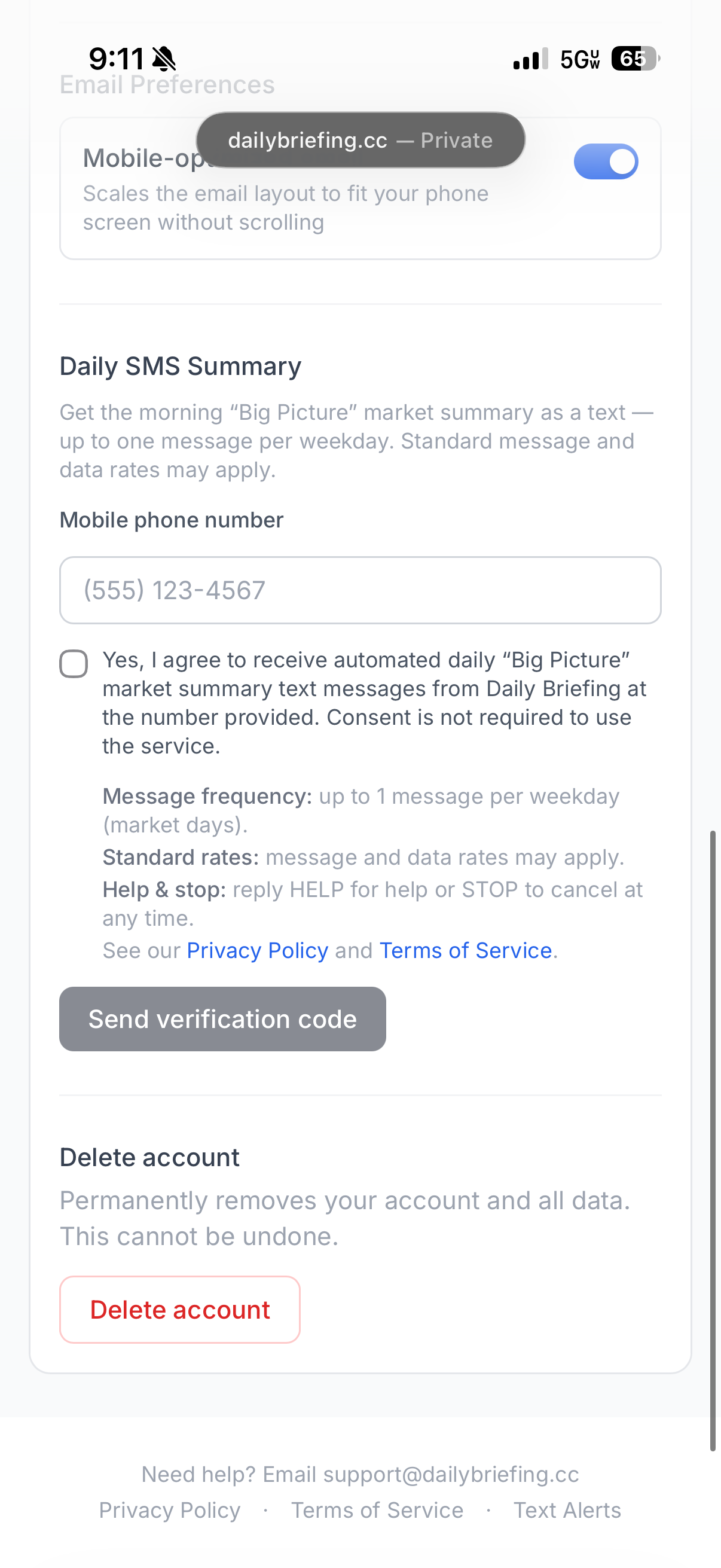 Daily Briefing SMS opt-in screen at Account, Daily SMS Summary: a mobile number field and an unchecked consent checkbox that reads "Yes, I agree to receive automated daily Big Picture market summary text messages from Daily Briefing at the number provided. Consent is not required to use the service." Below it are disclosures for message frequency (up to 1 message per weekday), standard message and data rates may apply, reply HELP for help or STOP to cancel, and links to the Privacy Policy and Terms of Service, above a "Send verification code" button.